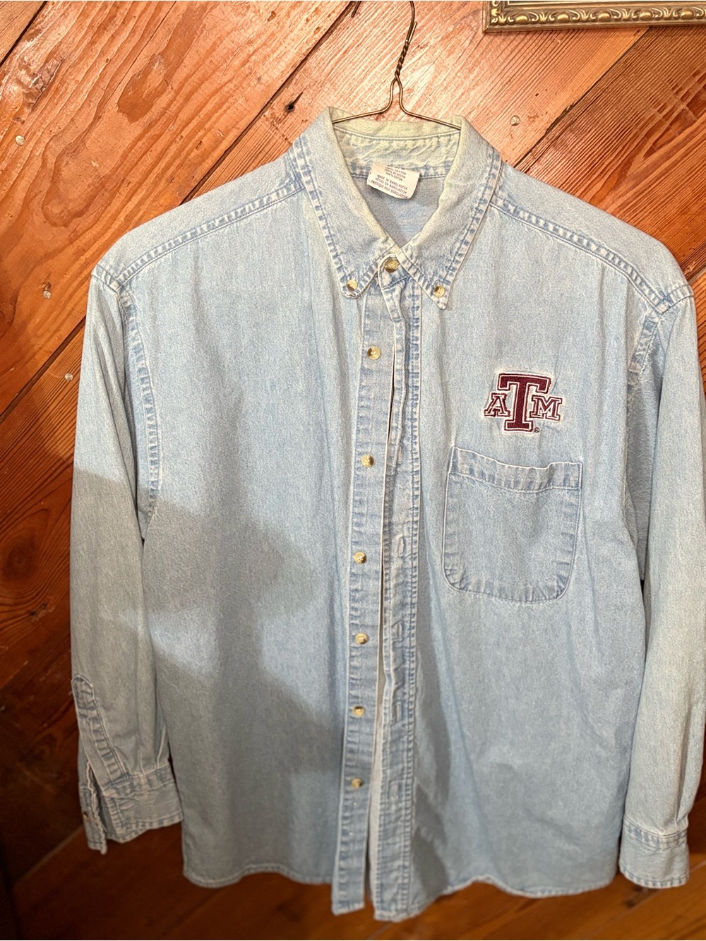 Texas A&M vintage Light Blue Denim Button-Down Shirt with Maroon Logo